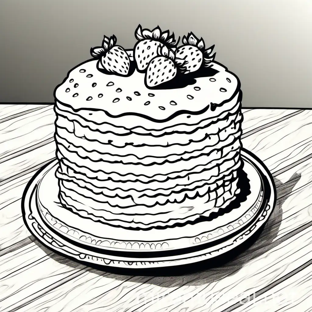Simple Strawberry Cake Coloring Book Page with Porcelain Plate and Fork