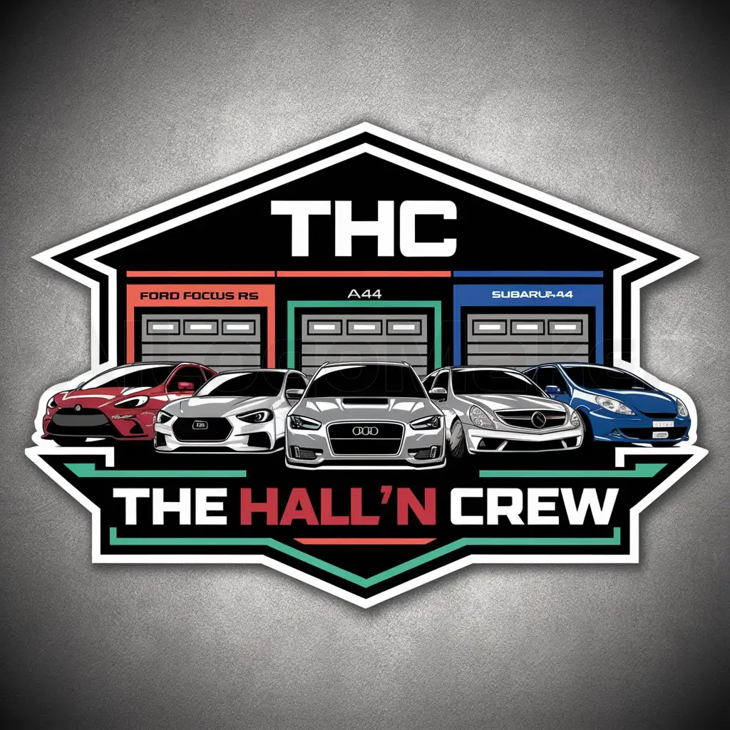 LOGO-Design-For-THC-The-Halln-Crew-Dynamic-Garage-Scene-with-Iconic-Car-Models