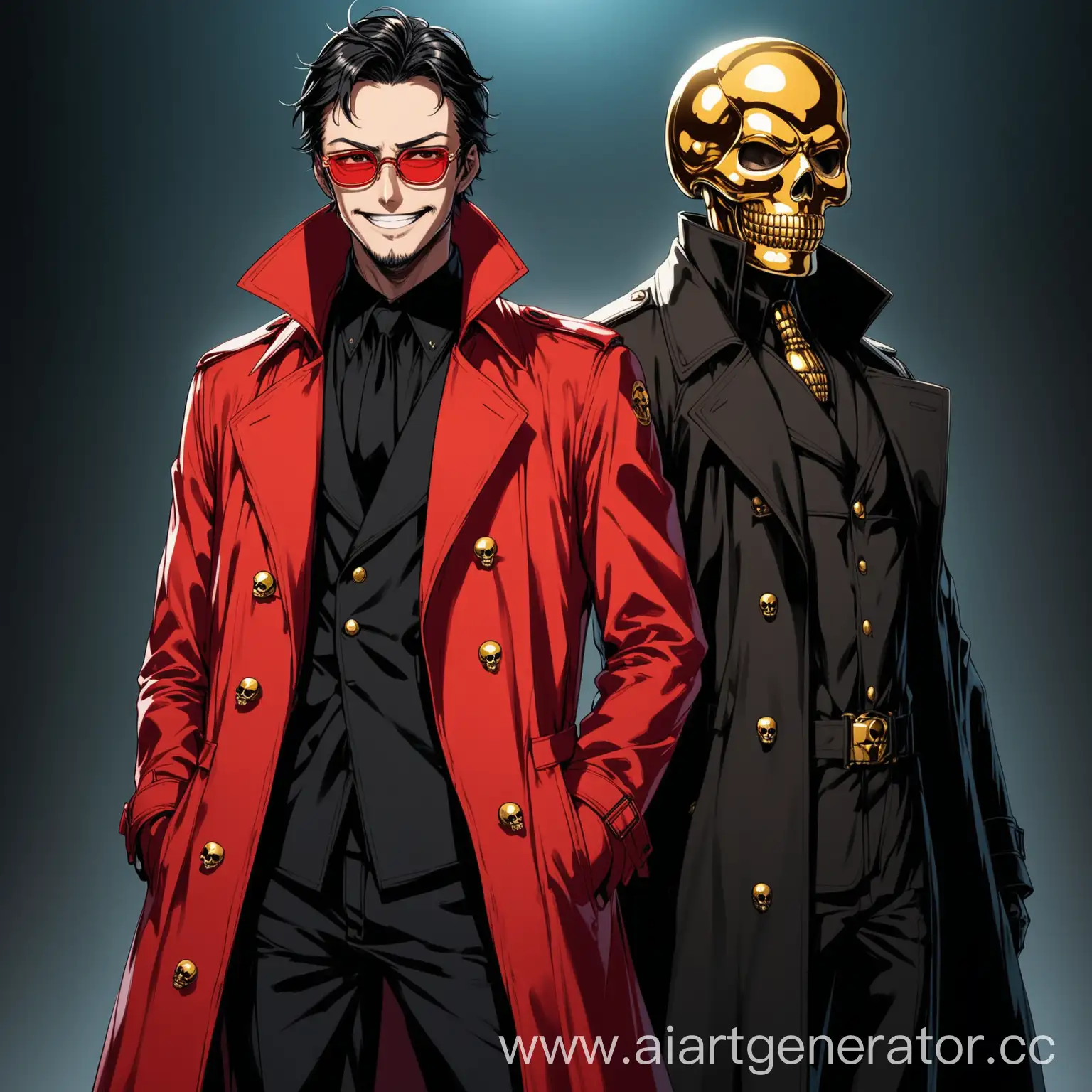 Аниме(Оскар-человек в черном пальто и золотой маске черепа) и Рик(человек в алом пальто и алых очках,безумная улыбка), стоят рядом, высокая детализация, высокое разрешение, HD качество, загадочно