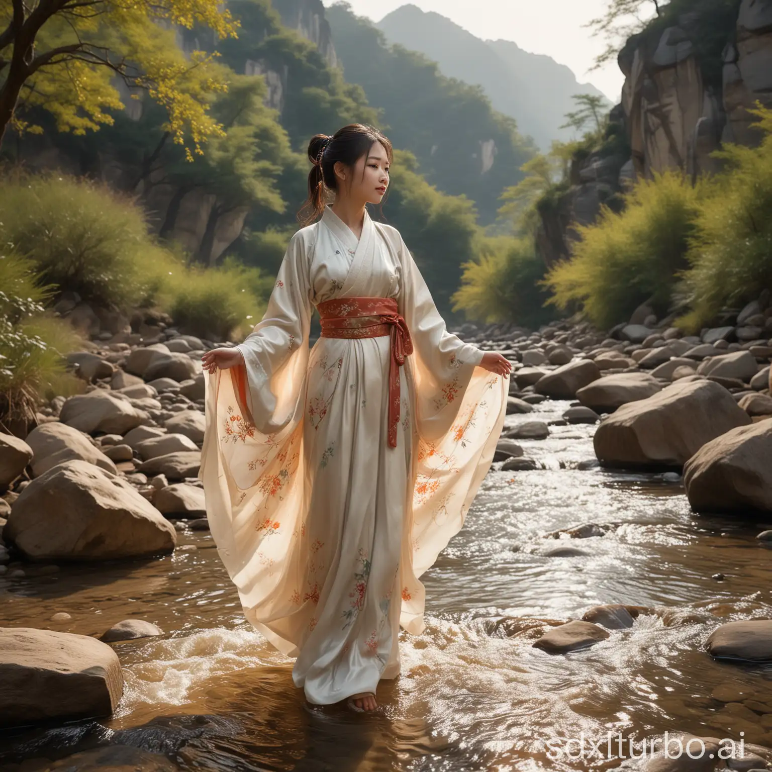 A young Chinese girl, about 20 years old, looks sweet and moving. She is dressed in traditional Hanfu, with a messy ponytail fluttering in the wind. She is standing by a mountain stream, surrounded by a graceful and beautiful landscape. The stream is babbling and flowing, and the transparent stream shines a little in the sun. She stands on the rocks by the stream, her hands gently folded her robe, and she looks calm and peaceful. The whole scene gives a serene and leisurely freehand temperament, but also reveals a bit of hazy poetic oriental charm. The picture creates a warm and tranquil atmosphere through soft light and tones, presenting a cinematic realistic style.