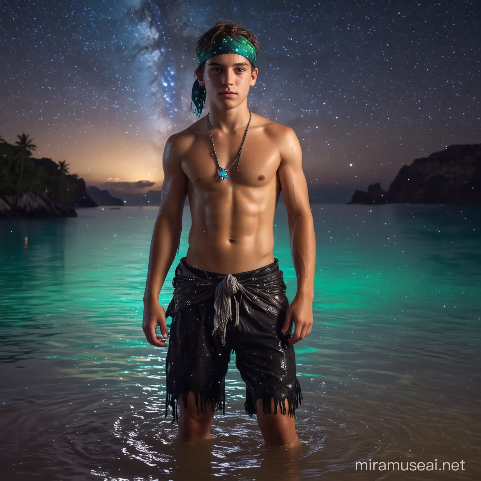 A sexy shirtless muscular sweaty wet teen pirate boy. The boy must be a teenager very athletic and muscled. The boy wears a bandana and he has his feet on the water of an oasis of a heavenly island. At night. With blue and green neon colors ambient. The sky is full of stars with a huge galaxy.
