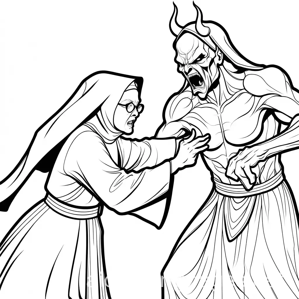 Older nun with glasses and a demon in a fight, Coloring Page, black and white, line art, white background, Simplicity, Ample White Space.