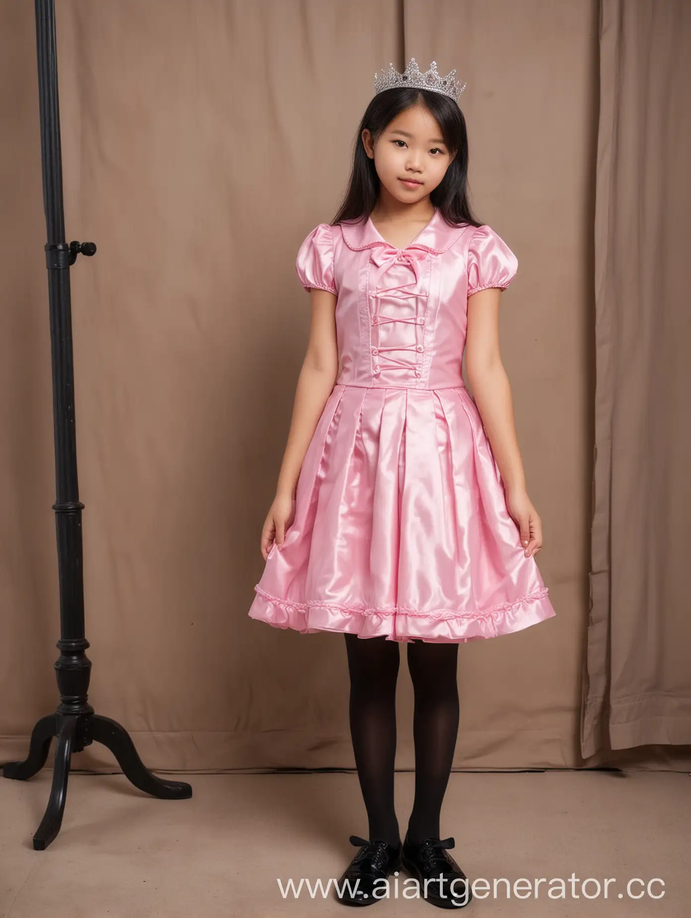 穿着粉色公主裙，黑丝袜和皮鞋的亚洲漂亮初中生全身照