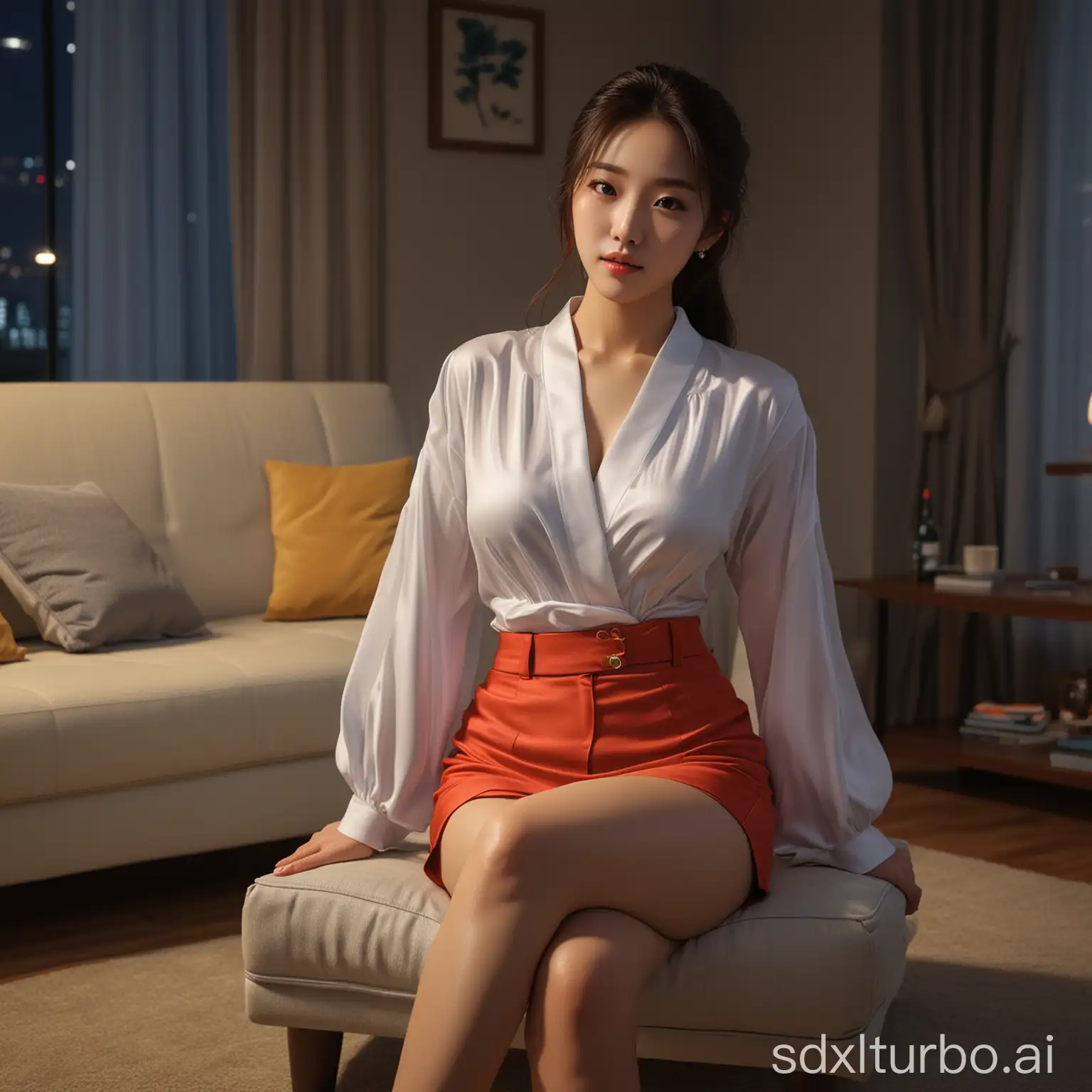 Sensual-Korean-Woman-in-Elegant-Attire-Relaxing-in-Nighttime-Living-Room-Scene