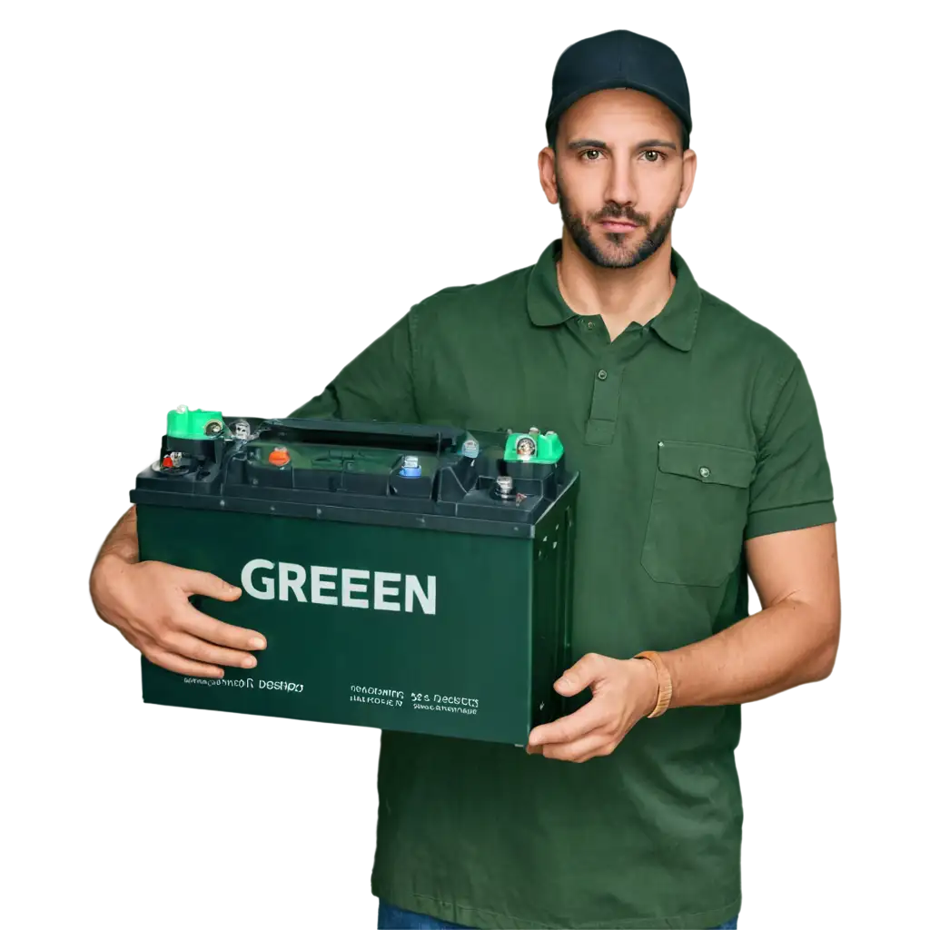 A MECHANIC HOLDING A GREEN CAR BATTERY