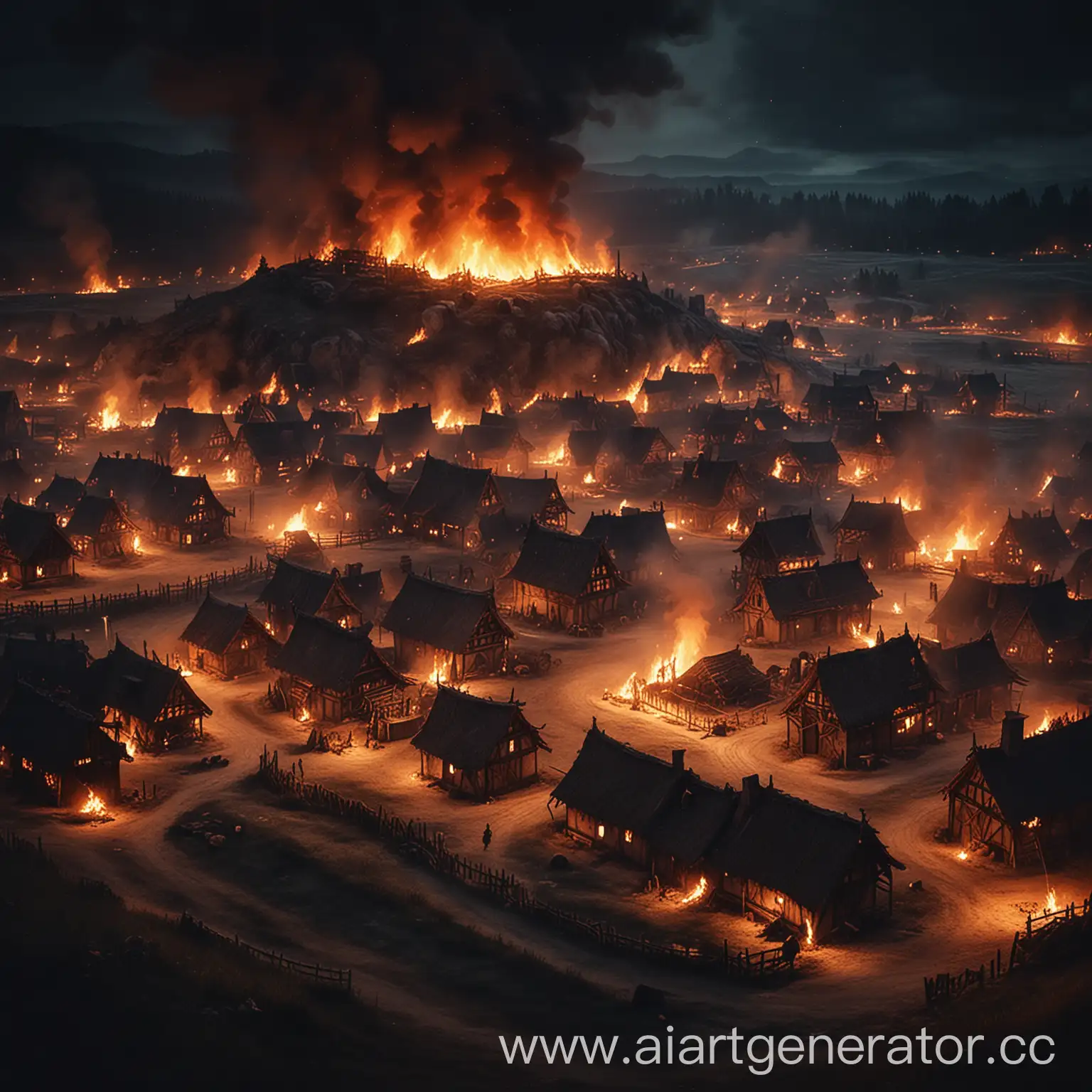 Medieval-Style-Burning-Village-at-Night