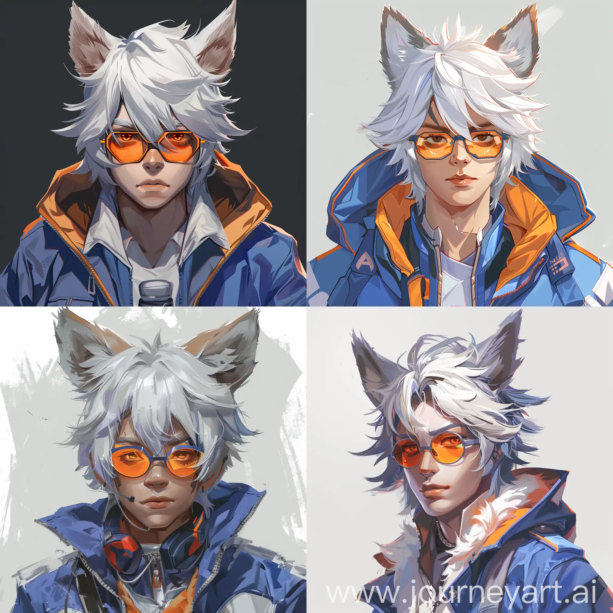 Arknights character illustration of a young man with wolf ears, white hair, orange glasses, and a blue jacket, portrait