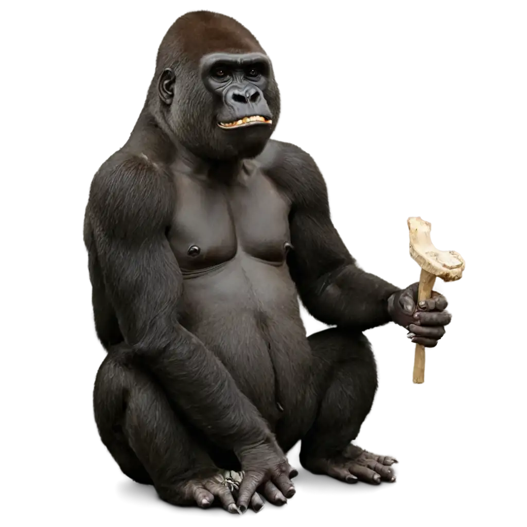 PNG-Image-of-a-Gorilla-with-Dilated-Pupils-Smiling-and-Eating-Psilocybe-Cubensis-and-Amanita-Muscaria-Mushrooms