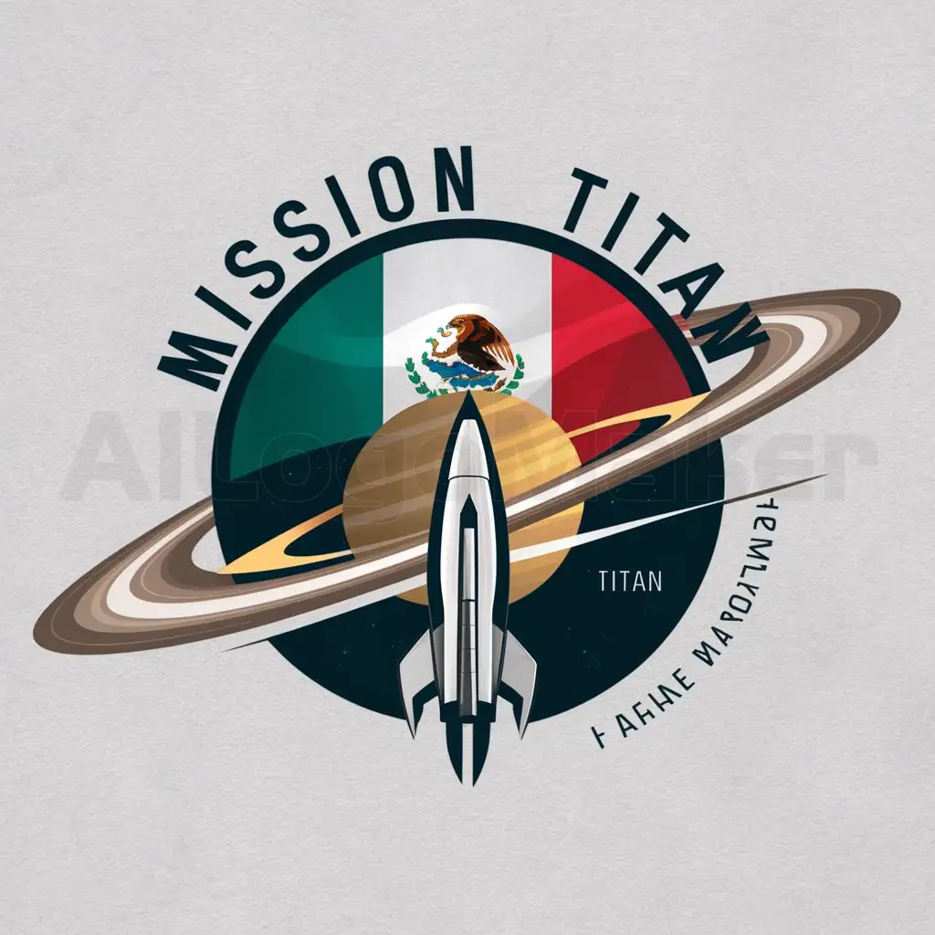 a logo design,with the text "Mission Titan", main symbol:un cohete espacial, Titán (luna de saturno), Saturno, and the flag of Mexico,Moderate,clear background