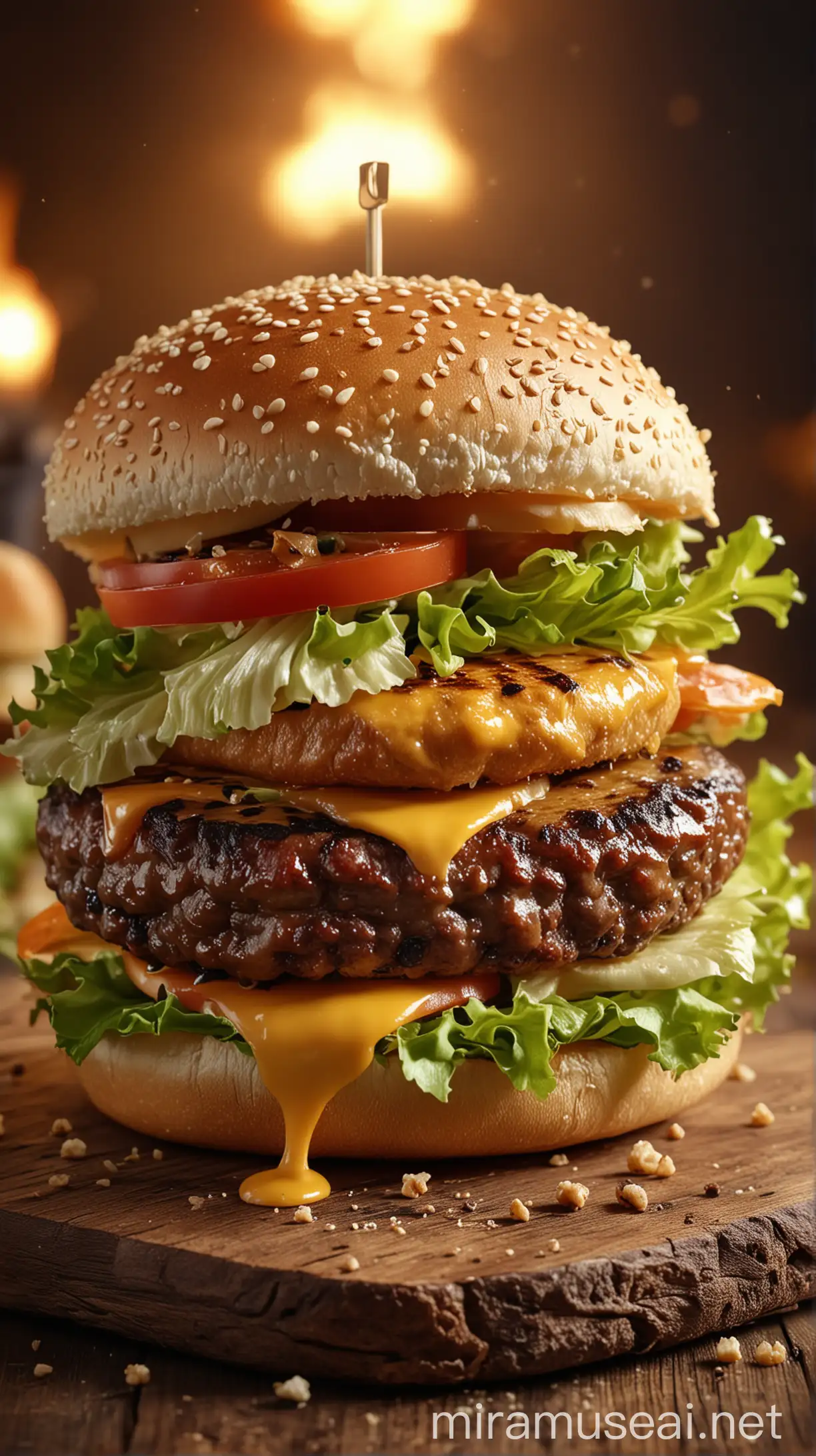 a close up of a hamburger with cheese and lettuce on a wooden table, a close up of a classic burger with cheese and lettuce on a wooden table, luscious patty with sesame seeds, fire spark, orange light, super realistic food picture, high quality food photography, food commercial 4k patty