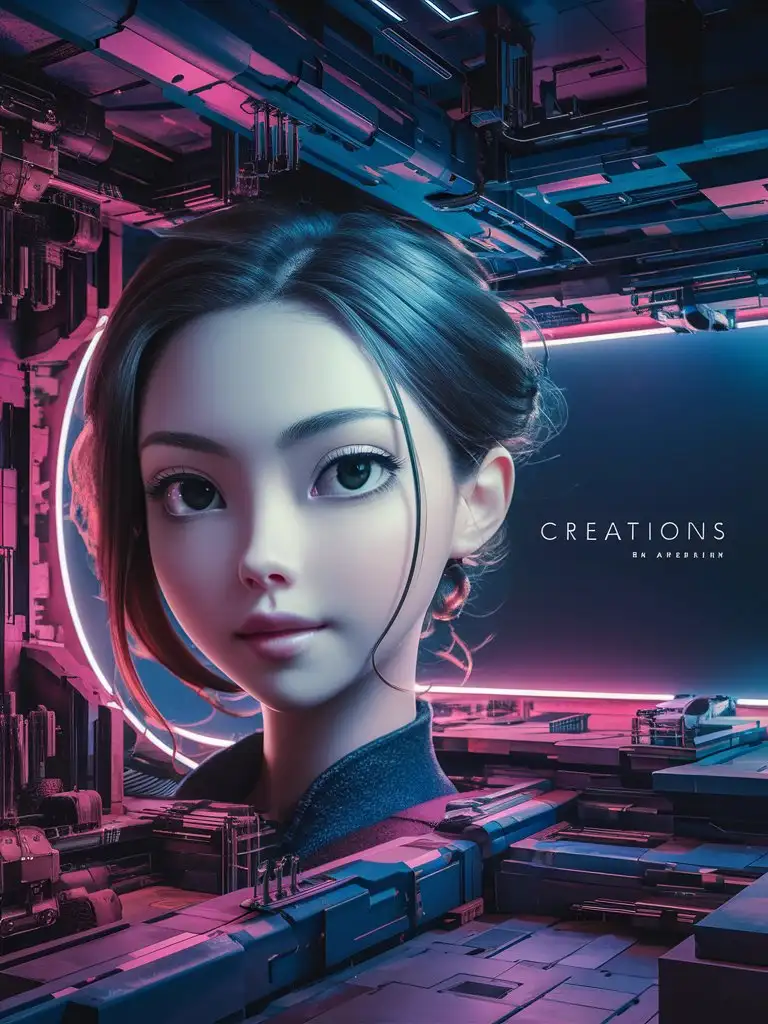 middle right write 'creations' against a complex 8k biodieselpunk 8k background featuring a breathtaking 8k female face making use of the perfect color and lighting to make it breathtaking anime style