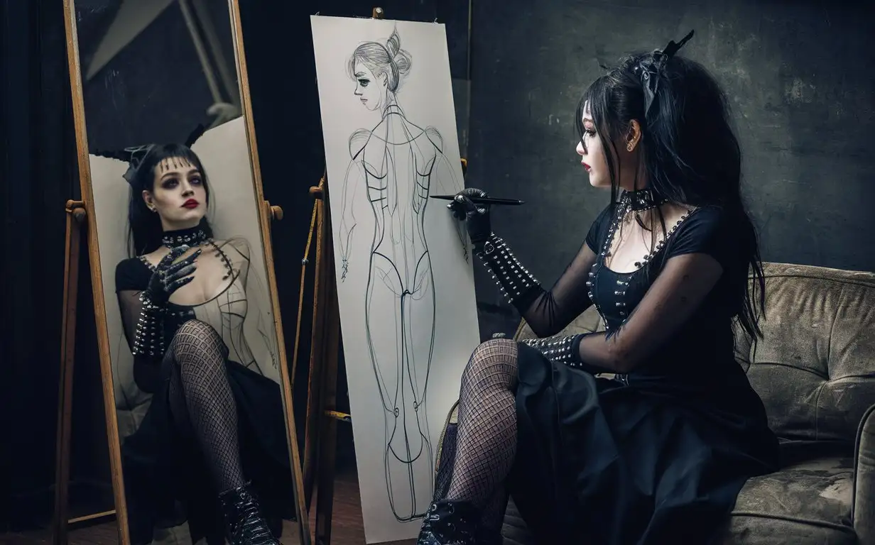 Goth Art Student Contemplates Body Curves in Mirror Sketch Session