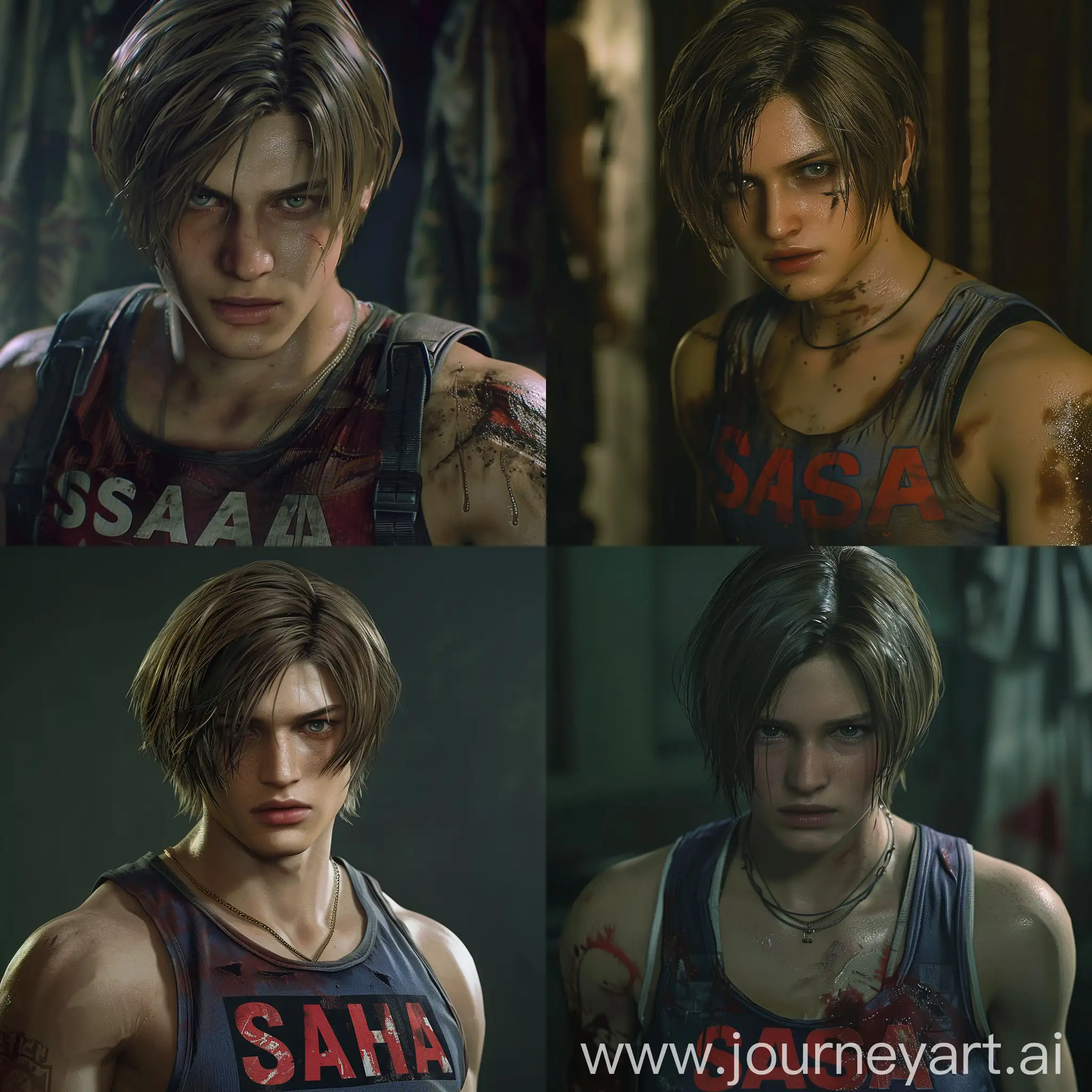 Leon Kennedy from Resident Evil 4 Remake in a tank top with that says "SASHA" on it., close-up portrait