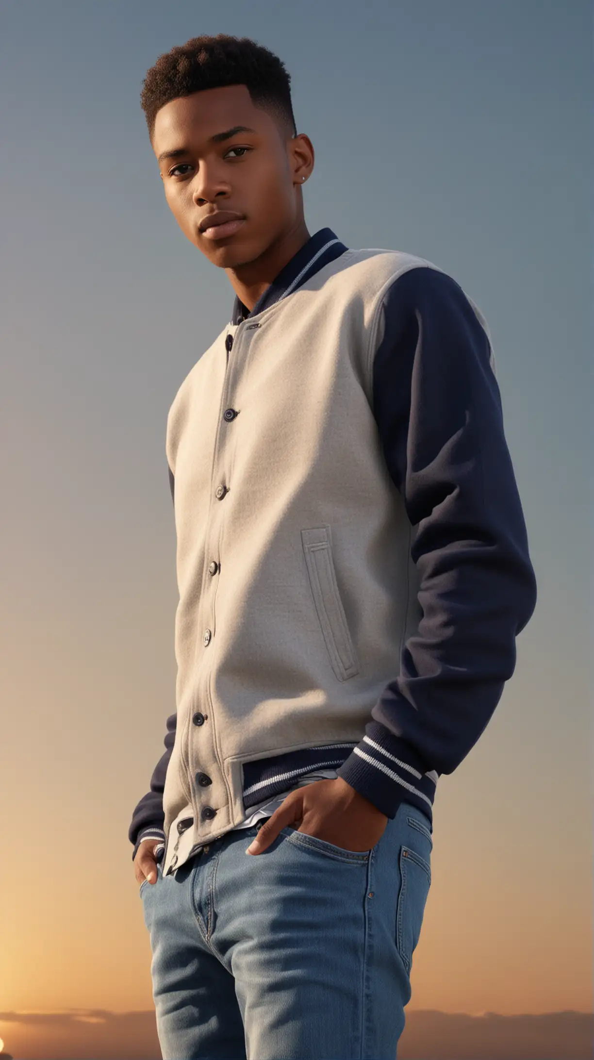Attractive, young, African male, wearing, a low fade hairstyle, wearing a light grey, meltn wool baseball jacket with Navy Blue sleeves, wearing blue jeans, looking past the camera, time of day is afternoon, the sky is bright, lighting is Volumetric, hyper realistic detail and full 4k resolution.
