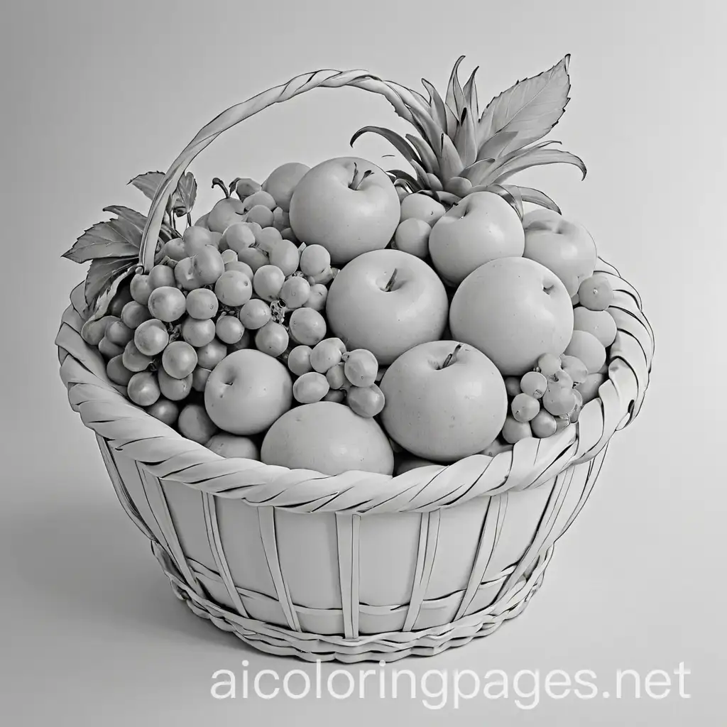 black outline only image of a fruit basket. no color. no shading., Coloring Page, black and white, line art, white background, Simplicity, Ample White Space. The background of the coloring page is plain white to make it easy for young children to color within the lines. The outlines of all the subjects are easy to distinguish, making it simple for kids to color without too much difficulty