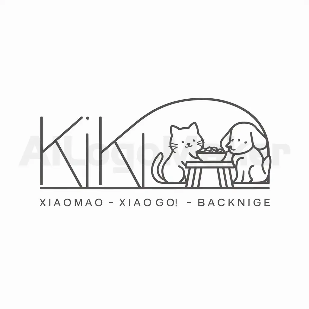 a logo design,with the text "KIKI", main symbol:<small>xiaomao xiaogou, a small cat and dog. They have a table in front of them, and on the table, there is food. So cute, following the golden ratio principle, it has design sense</small>,Minimalistic,be used in Animals Pets industry,clear background