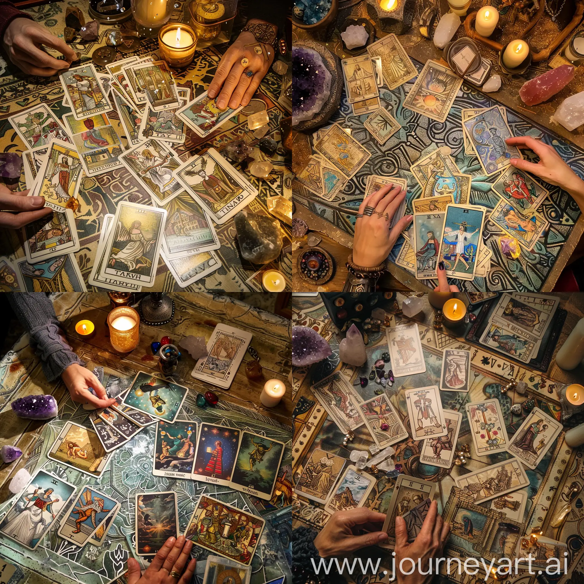 Tarologists-Table-with-Scattered-Tarot-Cards-and-Mystic-Accessories