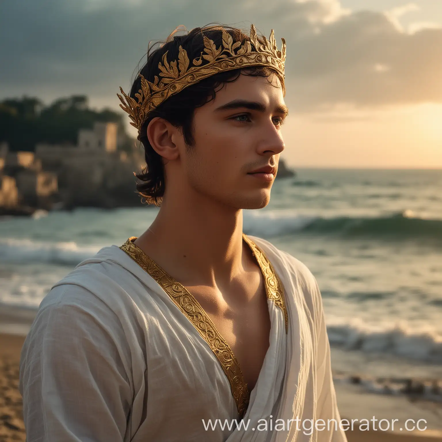 Majestic-Teenager-with-Golden-Crown-on-Ancient-Palace-Terrace