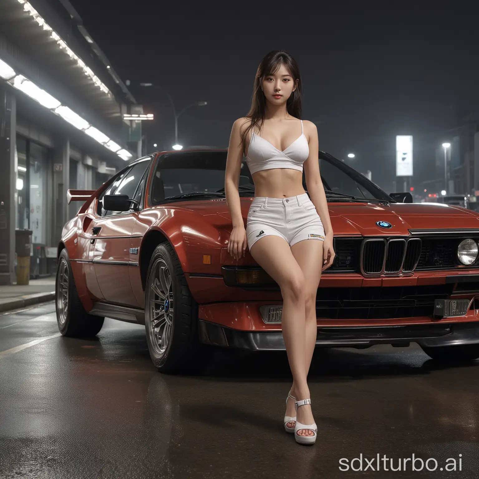 young korean girl, gorgeous face, show legs, bmw m1, night, seoul, realistic, masterpiece, raytraced