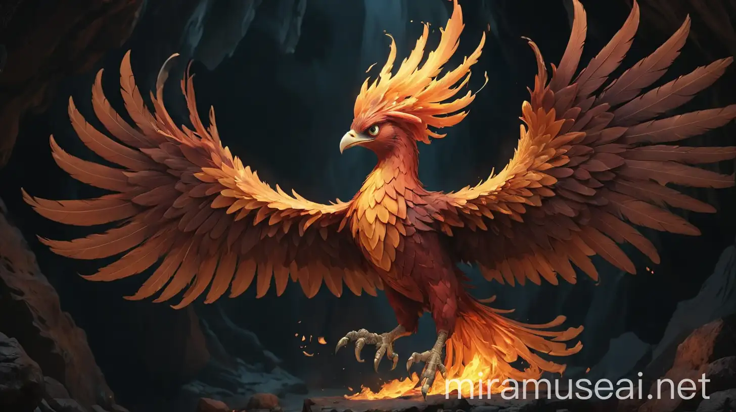 Fiery Phoenix in Dark Cave