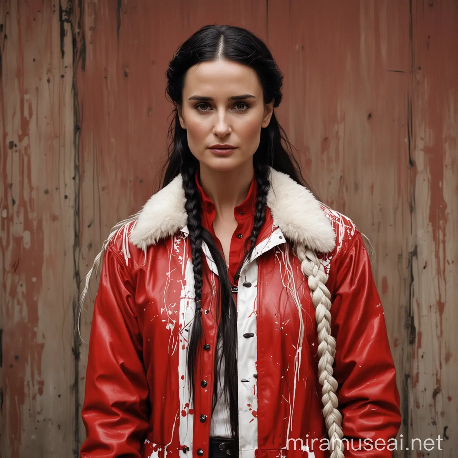 Demi Moore, 22 years old,with long braid hair wearing a red and white jacket, game of thrones, in the style of tomer hanuka, joram roukes, emotionally charged portraits, smilecore, rustic futurism, henrietta harris, darkly comedic, rough painting, children illustration metal slug