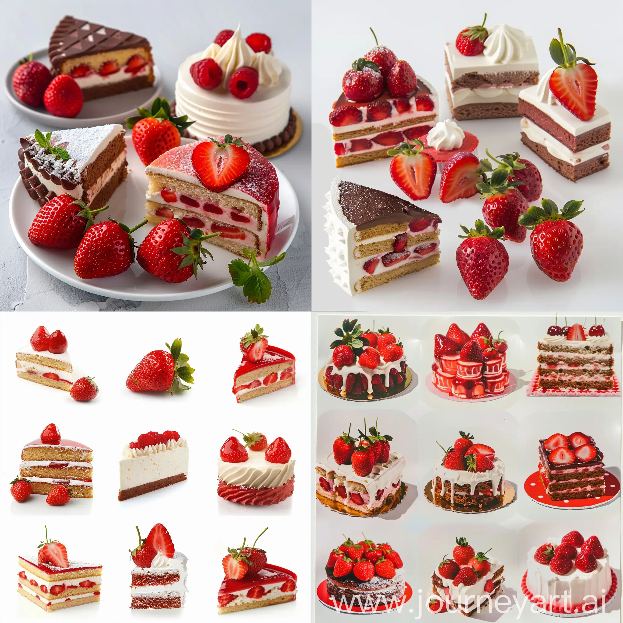 On a white background measuring 2560 × 1440 pixels, depict strawberries in different versions and different types of cakes