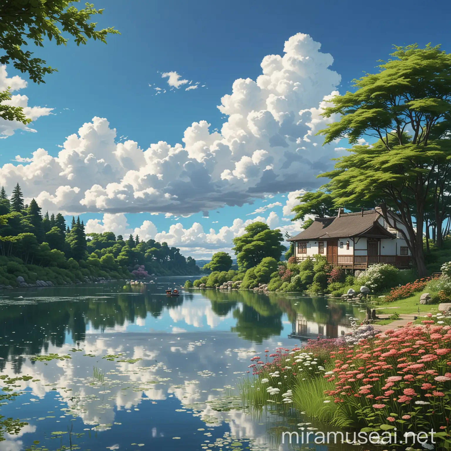 A beautiful velly, a beautiful lake, small vivid flowering scenario, blue sky, white fluffy clouds, anime in studio Ghibli