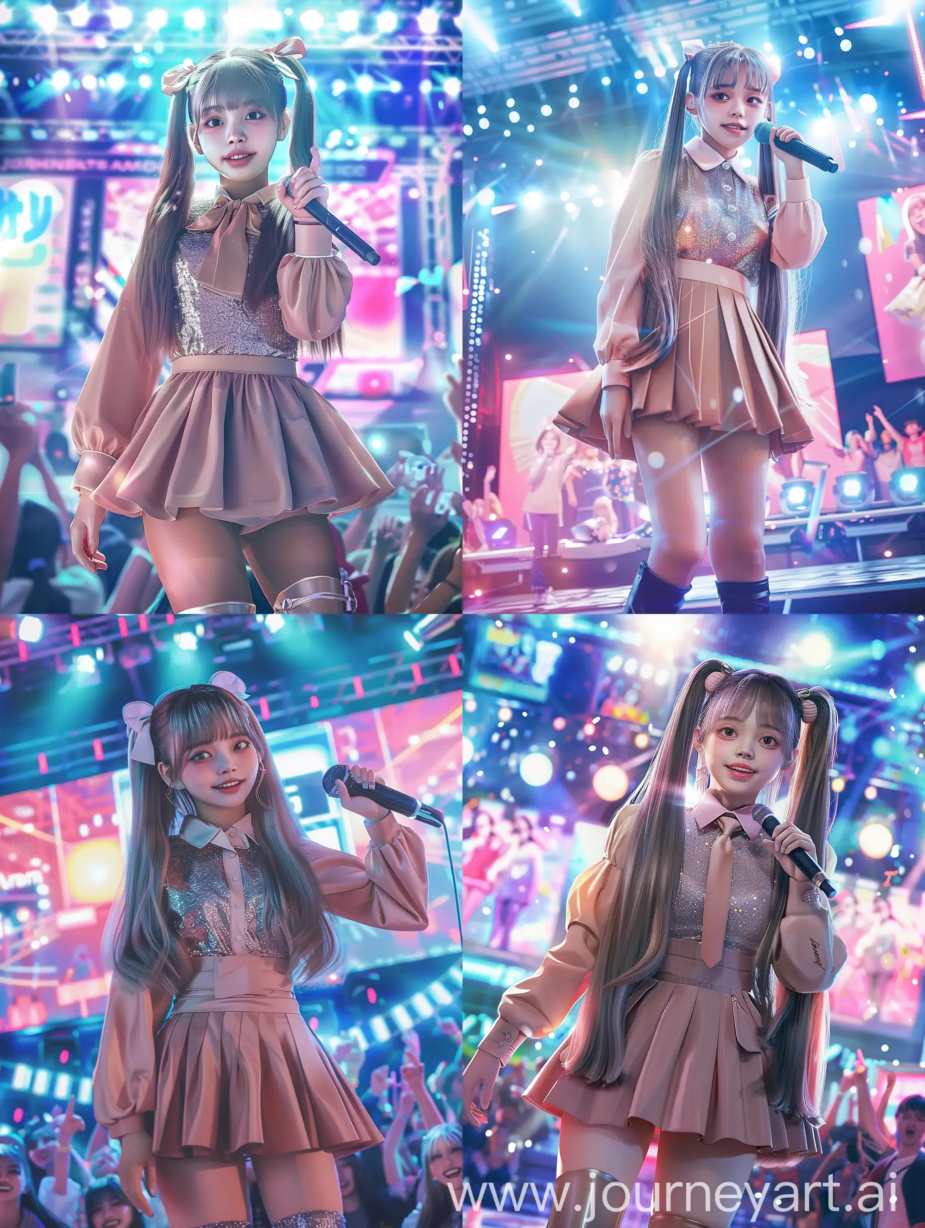 A young and energetic Japanese idol stands on a brightly lit stage. She holds a microphone in her right hand and wears a confident, charming smile. Her long, flowing black hair is styled in loose waves. Her outfit is stylish and colorful, with a short skirt, glittery top and high boots. The backdrop is filled with vibrant lights and cheering fans. The stage has a modern design with LED screens displaying dynamic images. The feel is photorealistic.