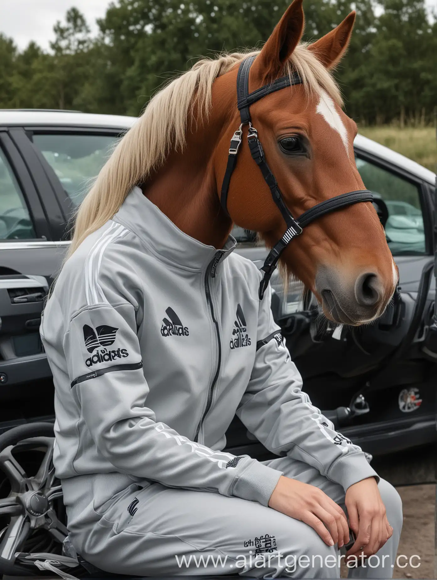 A horse in an Adidas tracksuit, sitting behind the wheel of a car, which also has Adidas logos on it.