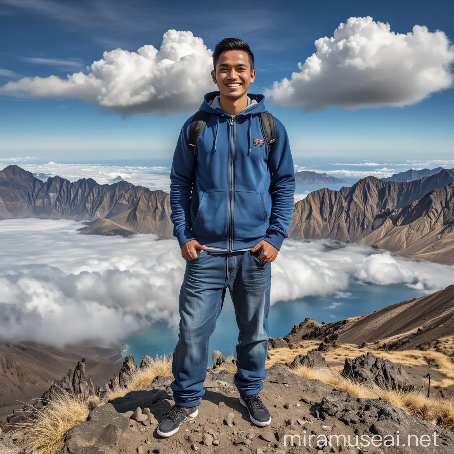 A handsome Indonesian man wearing a Hoodie jacket and long Levis pants, wearing sneakers, stands with a satisfied smile facing the camera at the peak of Mount Rinjani, Indonesia, with a bright blue and white sea of clouds, ultra HDR extreme 32K resolution, 800mm lens, realistic, hyper-realistic, professional photography, perfect flawless image