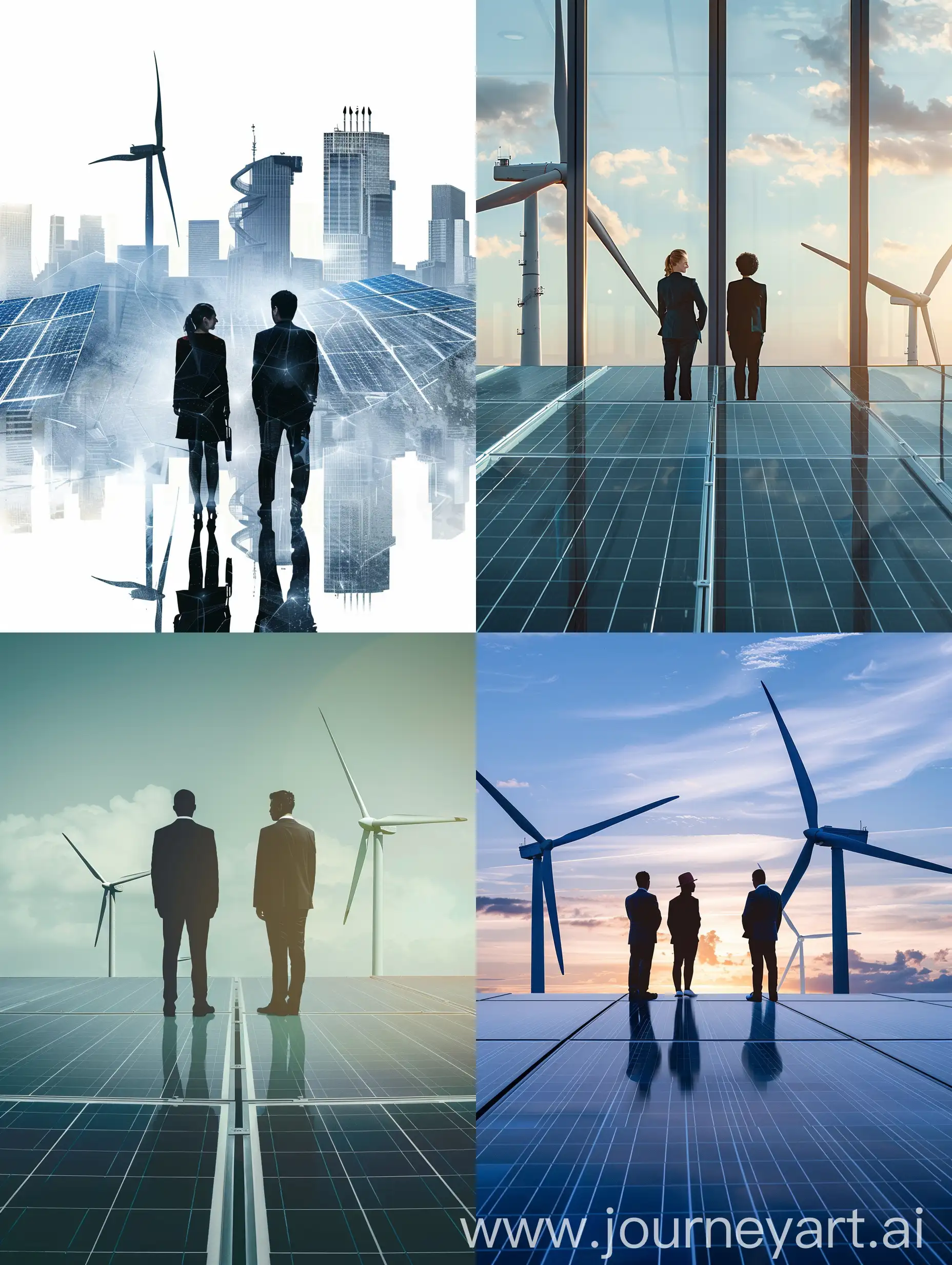DOUBLE EXPOSURE BUSINESS TEAM WITH SOLAR PANELS AND WIND TURBINES