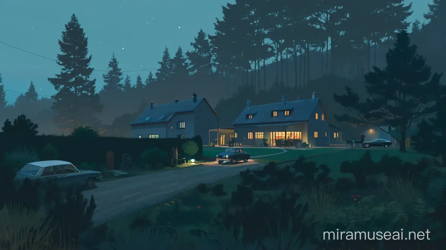 Enigmatic Dinner Party in French Countryside Intriguing Scene by Simon Stlenhag