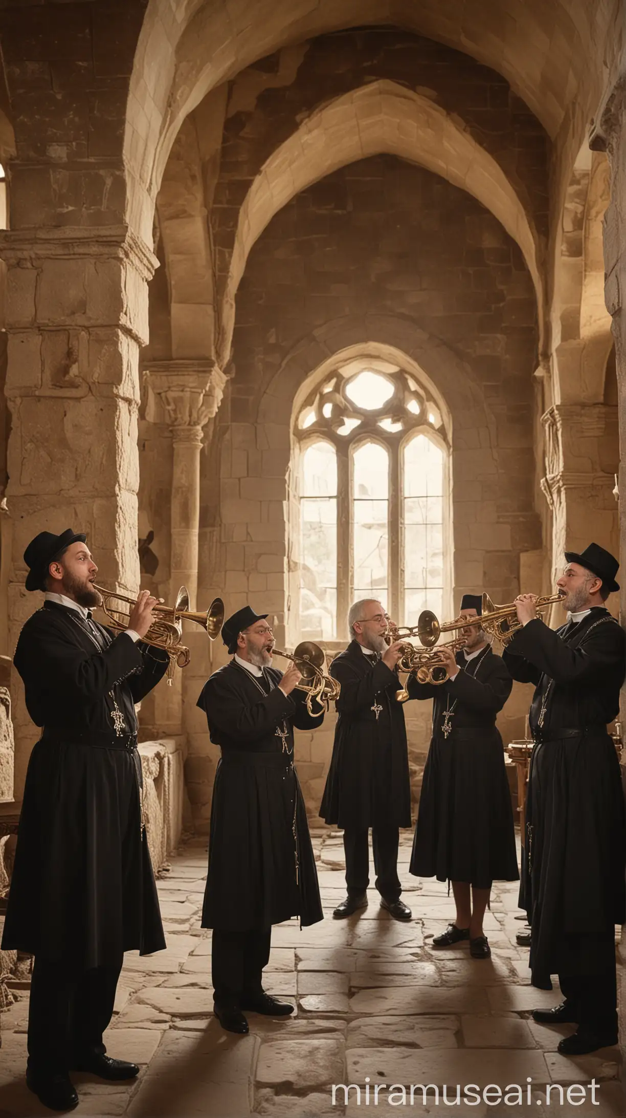 Jewish Priests Playing Trumpets and Tambourine in Ancient Church Religious Ceremony in Historic Setting