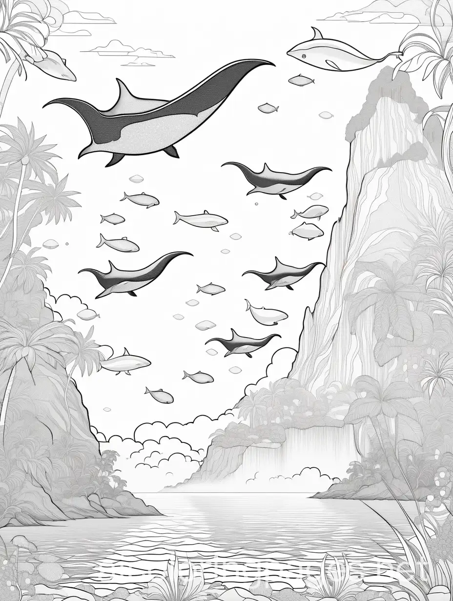 Islands in the sky, flying manta rays, flying whales, flying fish, Final Fantasy, sky islands, floating crystals, sparkly jewels, flying tropical fantasy fish, Coloring Page, black and white, line art, white background, Simplicity, Ample White Space. The background of the coloring page is plain white to make it easy for young children to color within the lines. The outlines of all the subjects are easy to distinguish, making it simple for kids to color without too much difficulty