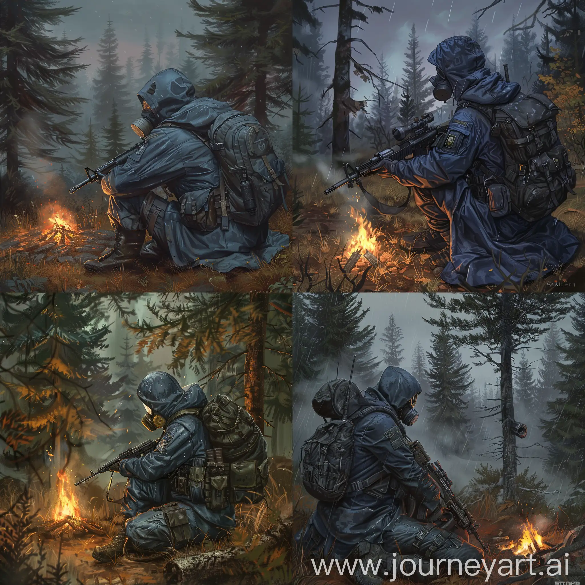 Digital art is a lone mercenary from the universe of S.T.A.L.K.E.R., dressed in a dark blue military raincoat, gray military armor on his body, gasmask on his face, a military backpack on his back, a rifle in his hands, sitting by the campfire in a pine forest, gloomy autumn.