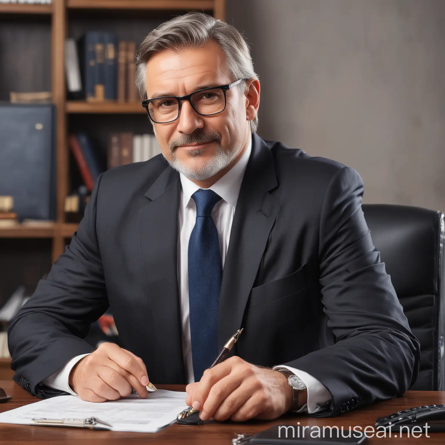 MiddleAged Successful Lawyer Working at Desk in Office