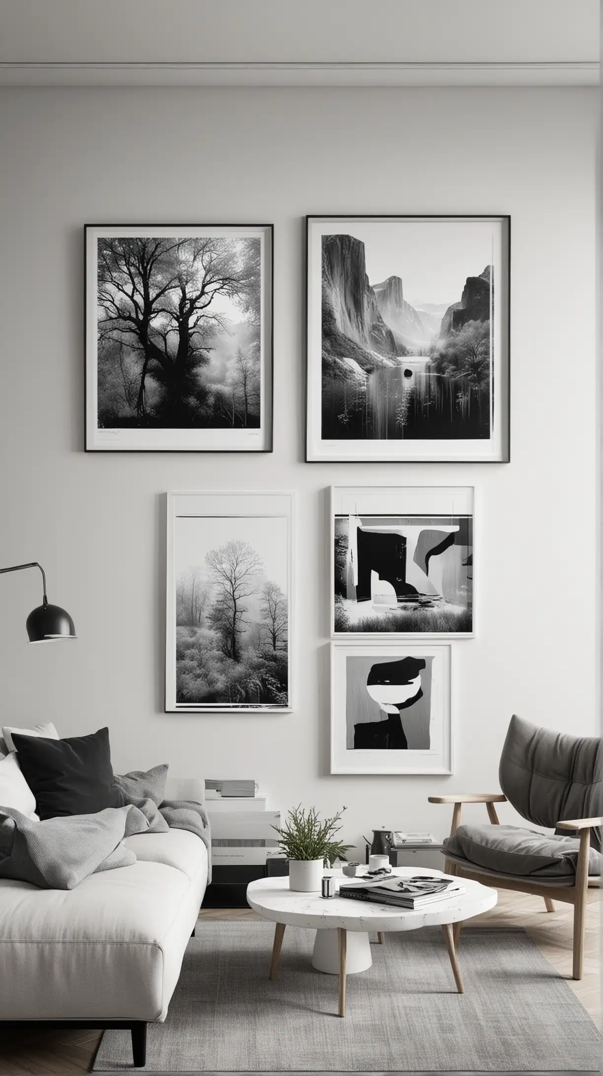 Sophisticated Scandinavian living room decorated with monochromatic artwork, enhancing the minimalist vibe.