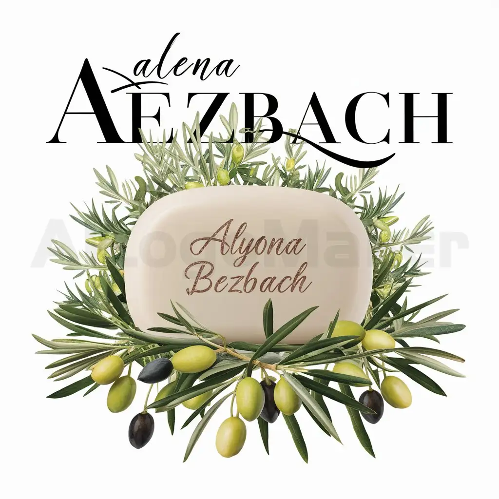 a logo design,with the text "Alena Bezbach", main symbol:inscription Alyona Bezbach on a piece of soap on an olive plantation background,complex,be used in Beauty Spa industry,clear background