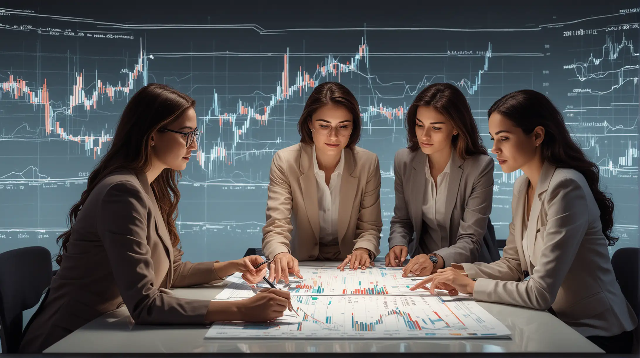 A digital illustration for a financial blog, depicting a diverse group of investors—two women and one man. They are gathered around a modern, high-tech digital table displaying dynamic line charts and financial data. The setting is professional yet inviting, with soft lighting and a clean, minimalist design. The illustration conveys a sense of collaboration and inclusion, appealing to a broad audience. This image can serve as a central visual focus in the blog post, placed near the introduction to immediately engage readers.