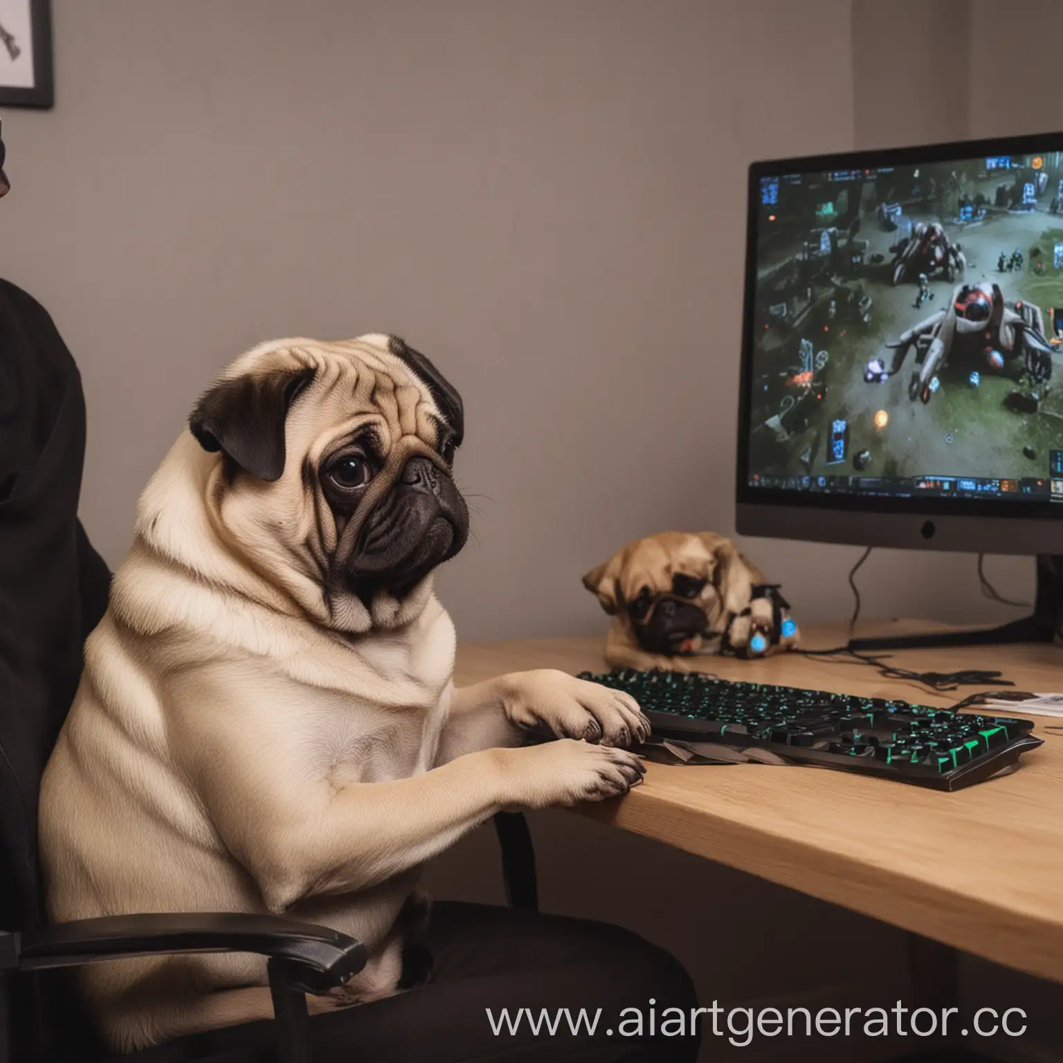 Геймер сидит за компьютером и гладит собаку мопса ов время игры