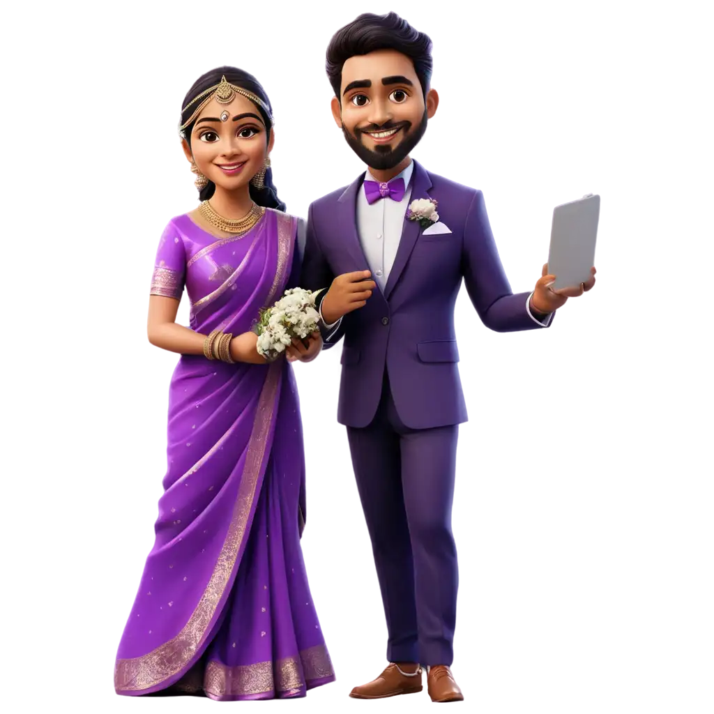 south indian wedding caricature in purple outfit of bride in saree and groom in suit
