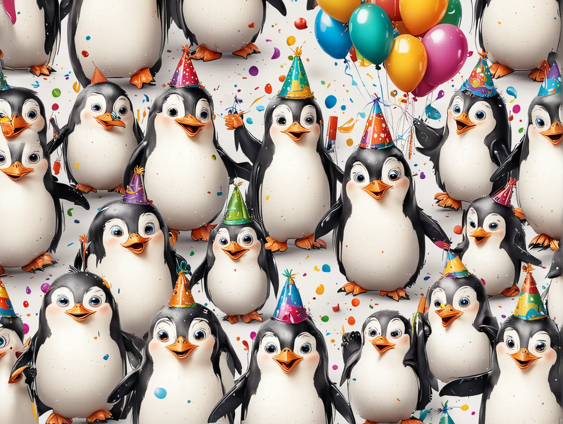 Colorful Cartoon Penguins Celebrating at a Birthday Party on White Background