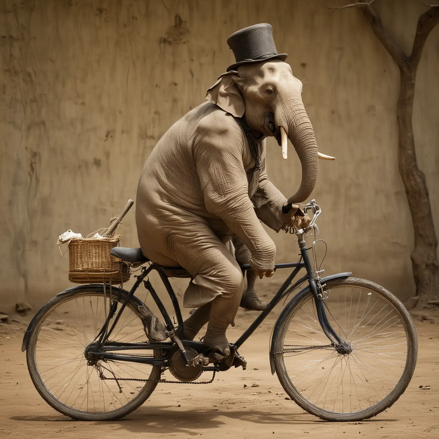 Elephant Man Riding Bicycle Whimsical Fantasy Art of a Pachyderm on Wheels