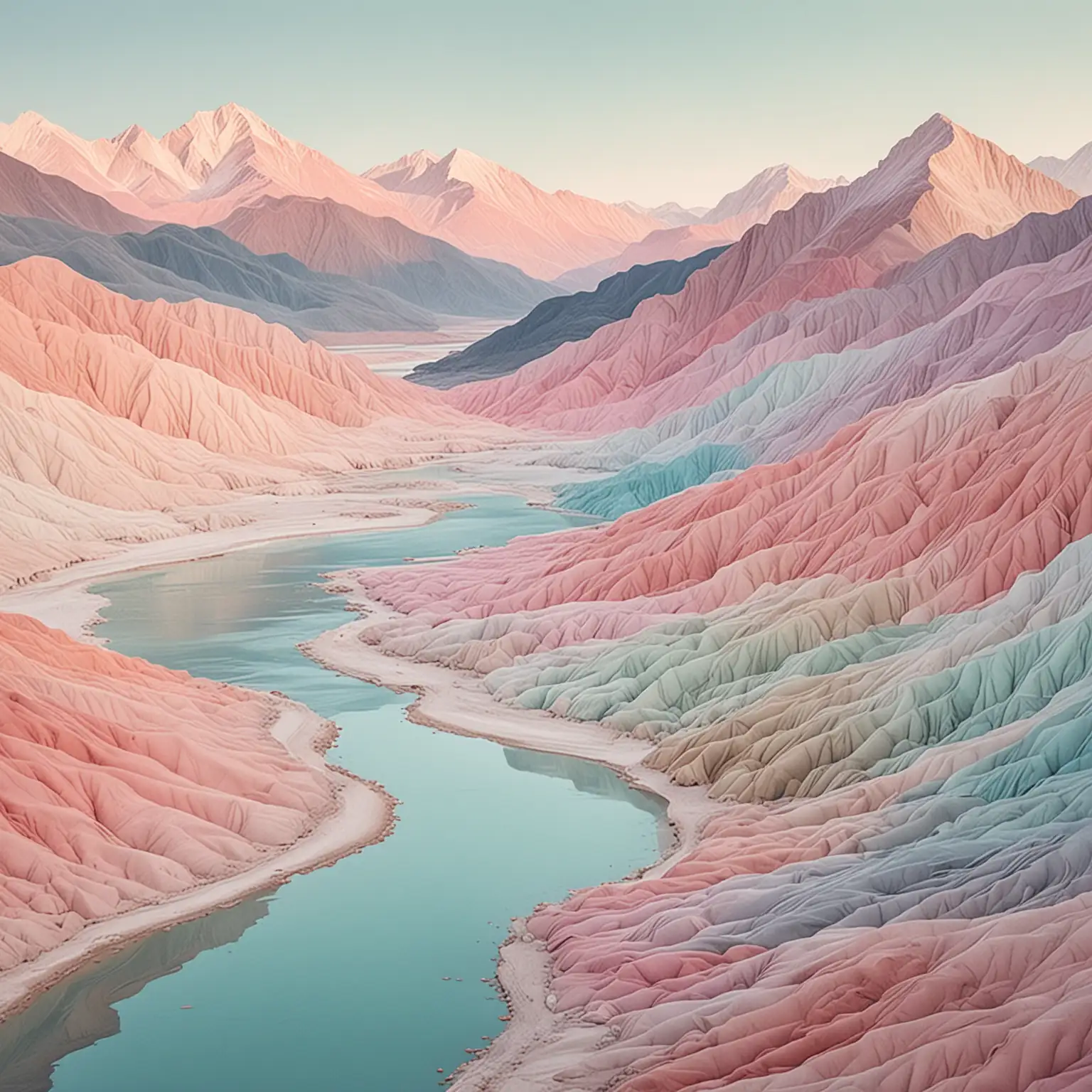 pastel color round mountains,  pale color river