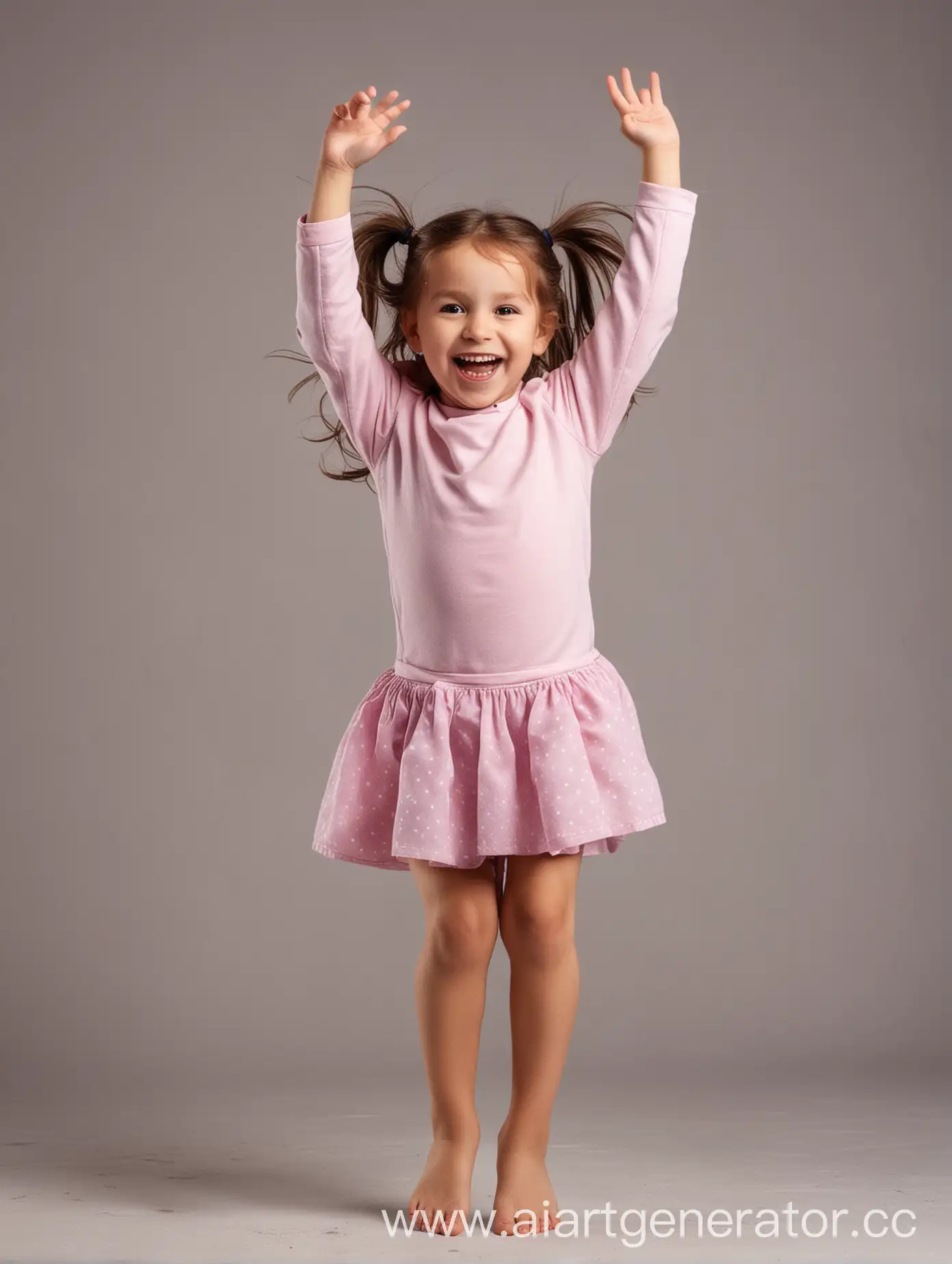 Девочка 4 лет весёлая прыгает с руками вверх