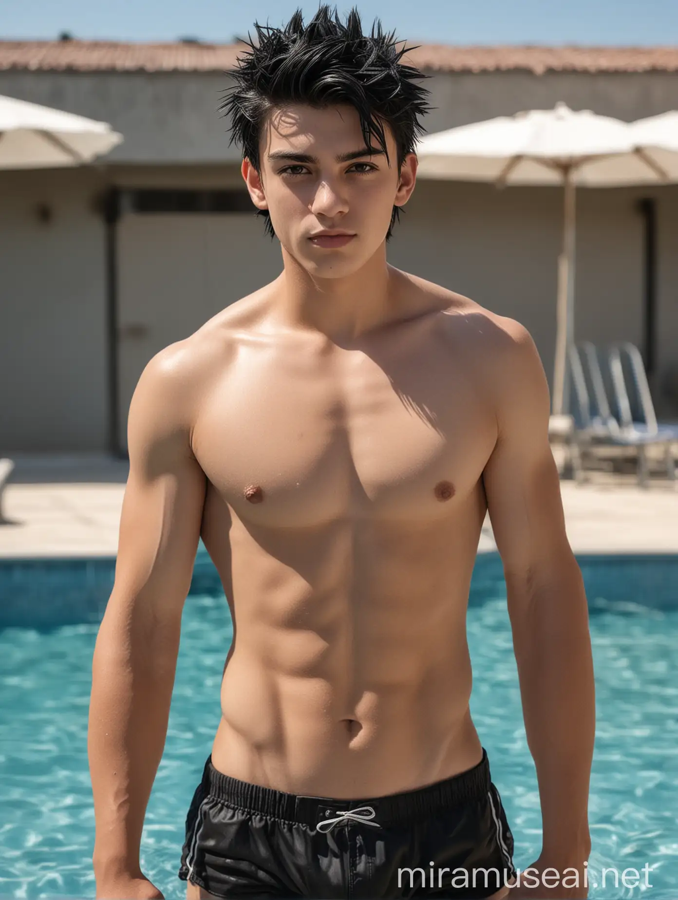 Young Man in Black Boxer Shorts by the Poolside