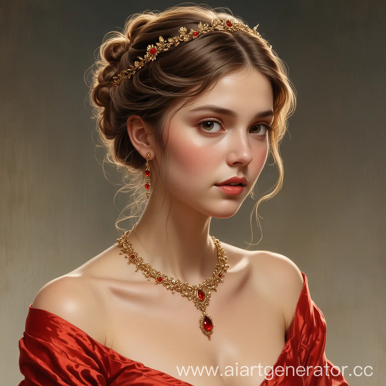 Gentle-Fairy-Tale-Portrait-of-Woman-in-Red-Dress-with-Golden-Jewelry