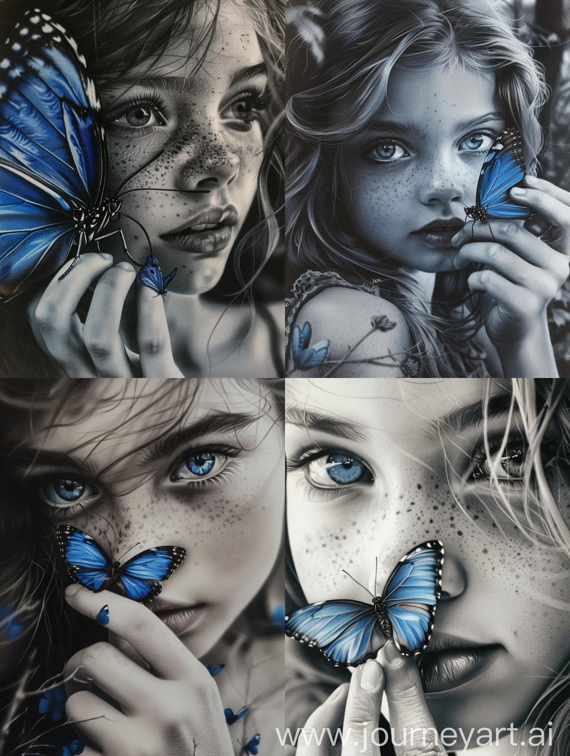 Buat gambar makro fotorealistik hyperdetailed dengan pensil hitam dan putih dari peri muda yang cantik memegang tangannya menunjukkan kupu-kupu biru yang brilian. Mata peri juga biru, serasi dengan bayangan kupu-kupu.