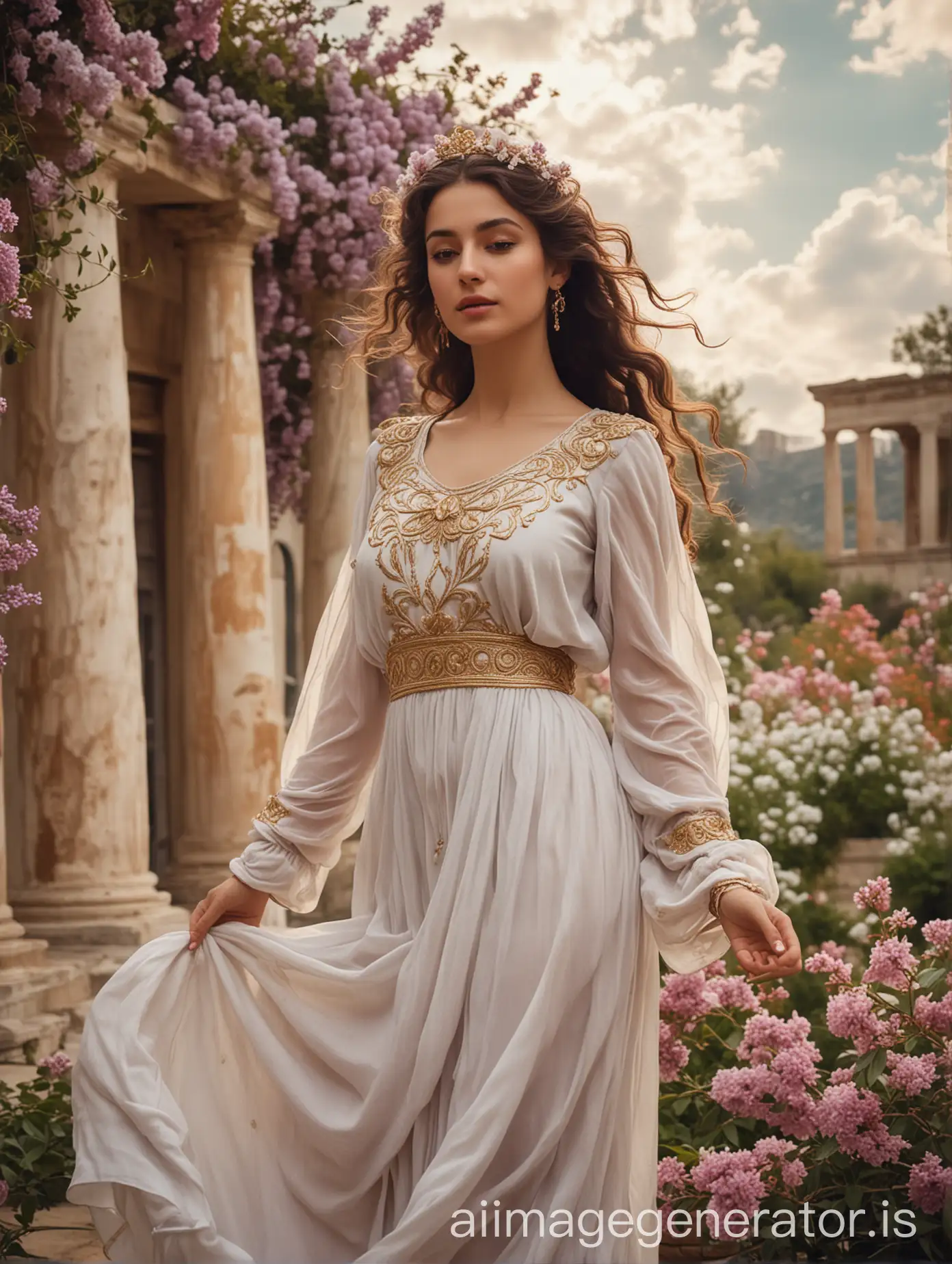 Portrait of Aslıhan Malbora as Pasithea, the Greek goddess of relaxation and dreams. She is dancing in the garden of a greek palace. The environment is intricately drawn with ethereal and softly clouds. The color palette includes soft hues, with a diffuse light creating a magical and tranquil atmosphere. Her hair falls in her shoulders and she is crowned by flowers of lilac color. She is wearing a white and transluced Greek dress. Portrait.