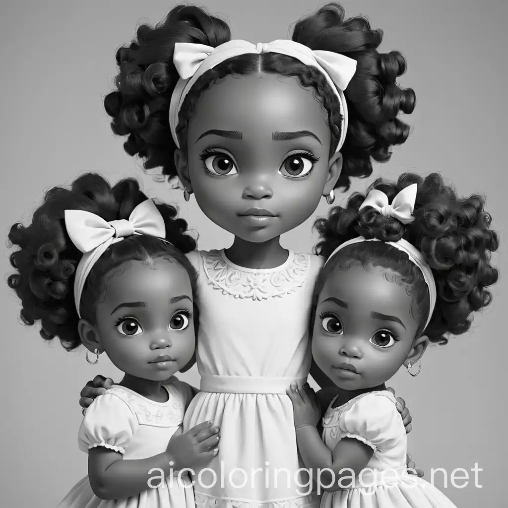 blacknthe 2 big african american sisters that teach there baby sister, Coloring Page, black and white, line art, white background, Simplicity, Ample White Space. The background of the coloring page is plain white to make it easy for young children to color within the lines. The outlines of all the subjects are easy to distinguish, making it simple for kids to color without too much difficulty